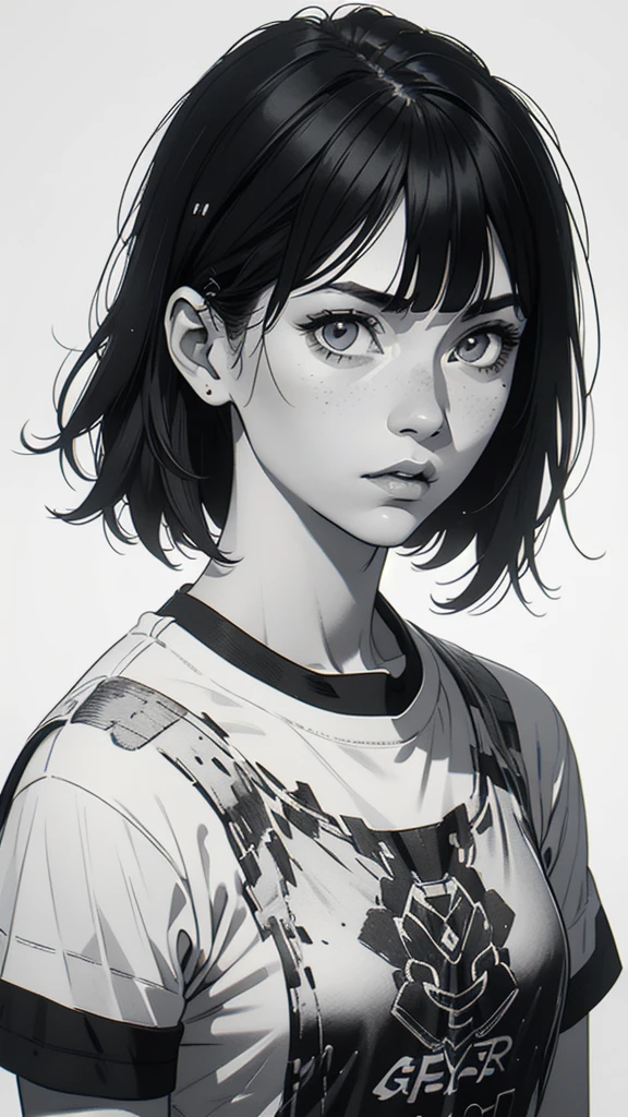 1 boyish girl, solo, sharp eyes, expressionless, monochrome, greyscale, short black hair, portrait, white T-shirt, closed mouth, looking at viewer, graphite \(medium\), detailed lips, hatching \(texture\), without makeup, bangs, upper body, (best illustration), (best quality), (very detailed), (masterpiece), expressionless,