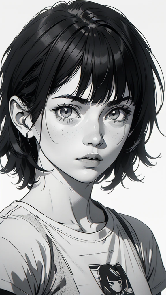 1 boyish girl, solo, sharp eyes, expressionless, monochrome, greyscale, short black hair, portrait, white T-shirt, closed mouth, looking at viewer, graphite \(medium\), detailed lips, hatching \(texture\), without makeup, bangs, upper body, (best illustration), (best quality), (very detailed), (masterpiece), expressionless,