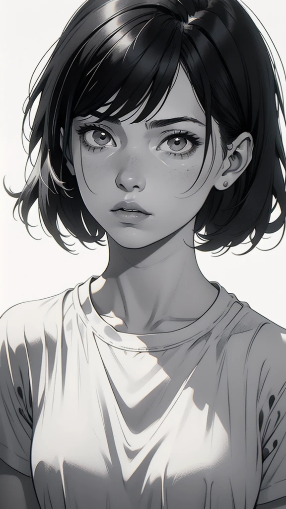 1 boyish girl, solo, sharp eyes, expressionless, monochrome, greyscale, short black hair, portrait, white T-shirt, closed mouth, looking at viewer, graphite \(medium\), detailed lips, hatching \(texture\), without makeup, bangs, upper body, (best illustration), (best quality), (very detailed), (masterpiece), expressionless,