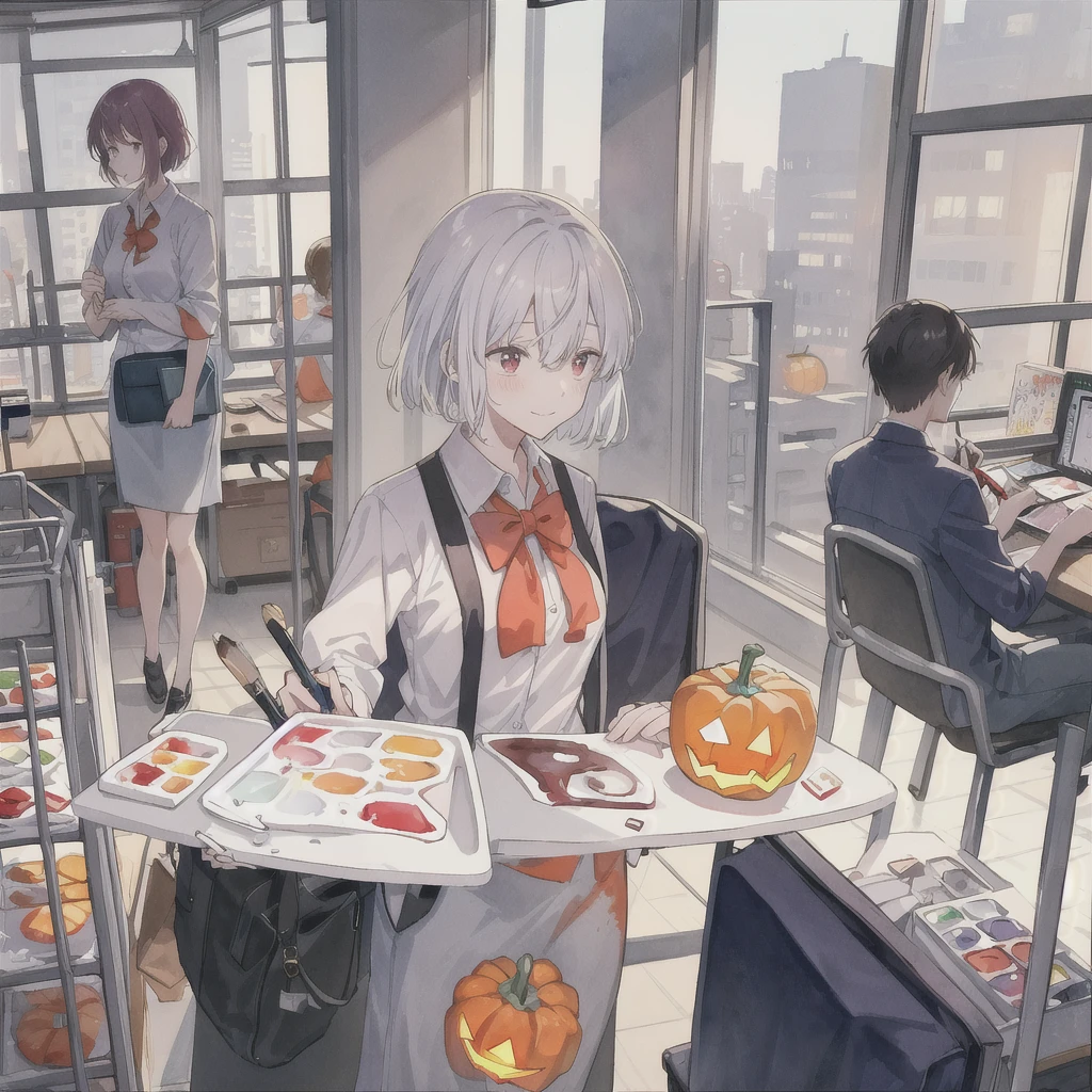 watercolor:1.2), watercolor, company, people々Number of,1 Office Lady,Everyone is wearing a jack-o'-lantern except for her.'-lanthanum、profile,、Painting \(Moderate\),mechanical