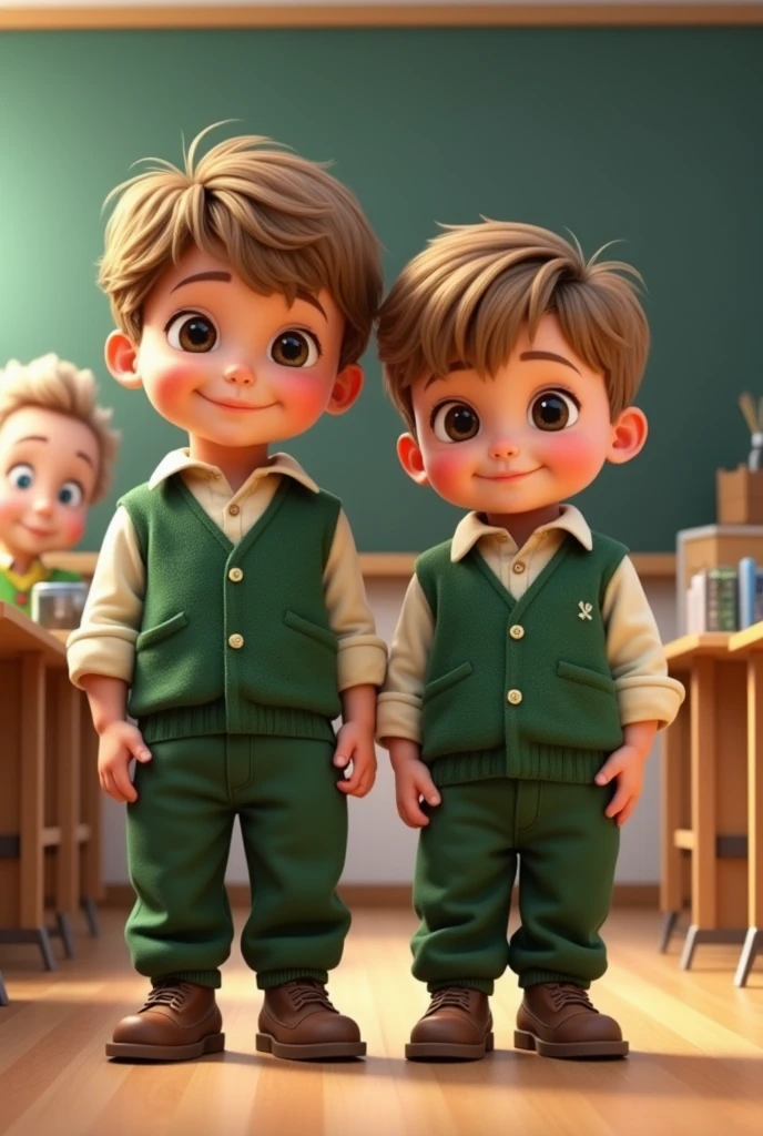 Two baby boys wearing green vest and trouser in school