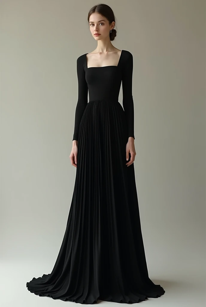 Skinny girl wearing A complete black, square neck, ankle length, pleated, full sleeve dress