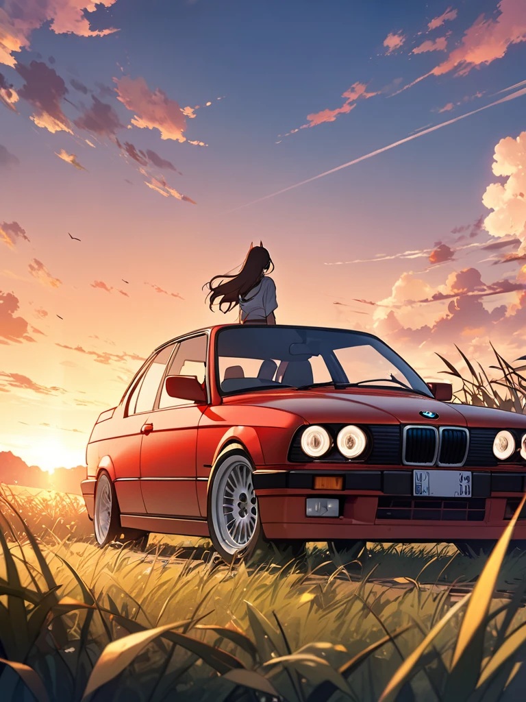 A girl, power from chainsaw series,(upper body: 1.8), attitude smiling, anime landscape of A pearl super sunny, Red classic 1993 BMW E30 318i sport sits in a field of tall grass with a sunset in the background.character must be sitting on the car, half pants, white sneakers,beautiful anime scene, beautiful anime peace scene, Makoto Shinkai Cyril Rolando, beautiful anime scene, amazing wallpaper, anime art wallpaper 8k, anime background, artistic anime background, anime wallpaper 4k, anime art 4k wallpaper, anime wallpaper art 4k,