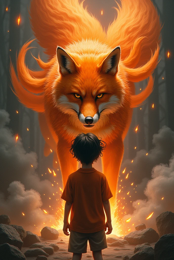 A aggressive orange Japanese nine tail fox with a boy wearing orange shirt and messy hair