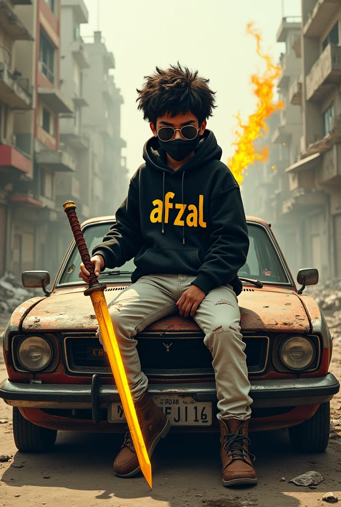 PROMPT- a desolate, post-apocalyptic cityscape, a 2 boy with a fierce attitude sits atop the hood of a battered car, his hand grasping a vibrant yellow fire katana. The car’s front hood is dented and rusted, but the boy’s confidence and determination shine brighter than the ruins around him. He wears a black hoodie with ‘AFZAL’ emblazoned on it, white pants, sunglasses, and a face mask, exuding a sense of mystery and coolness. The