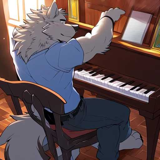 Playing the piano,Wolf,author:Takemoto Arashi,Anime Style,Side angle,Sitting in a chair,Grand piano,Grey fur,Far Angle,Black T-shirt,Dark blue jeans