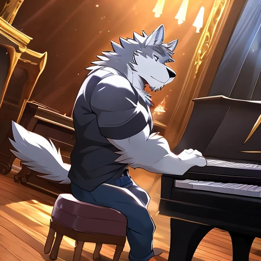 Playing the piano,Wolf,author:Takemoto Arashi,Anime Style,Side angle,Sitting in a chair,Grand piano,Grey fur,Far Angle,Black T-shirt,Dark blue jeans