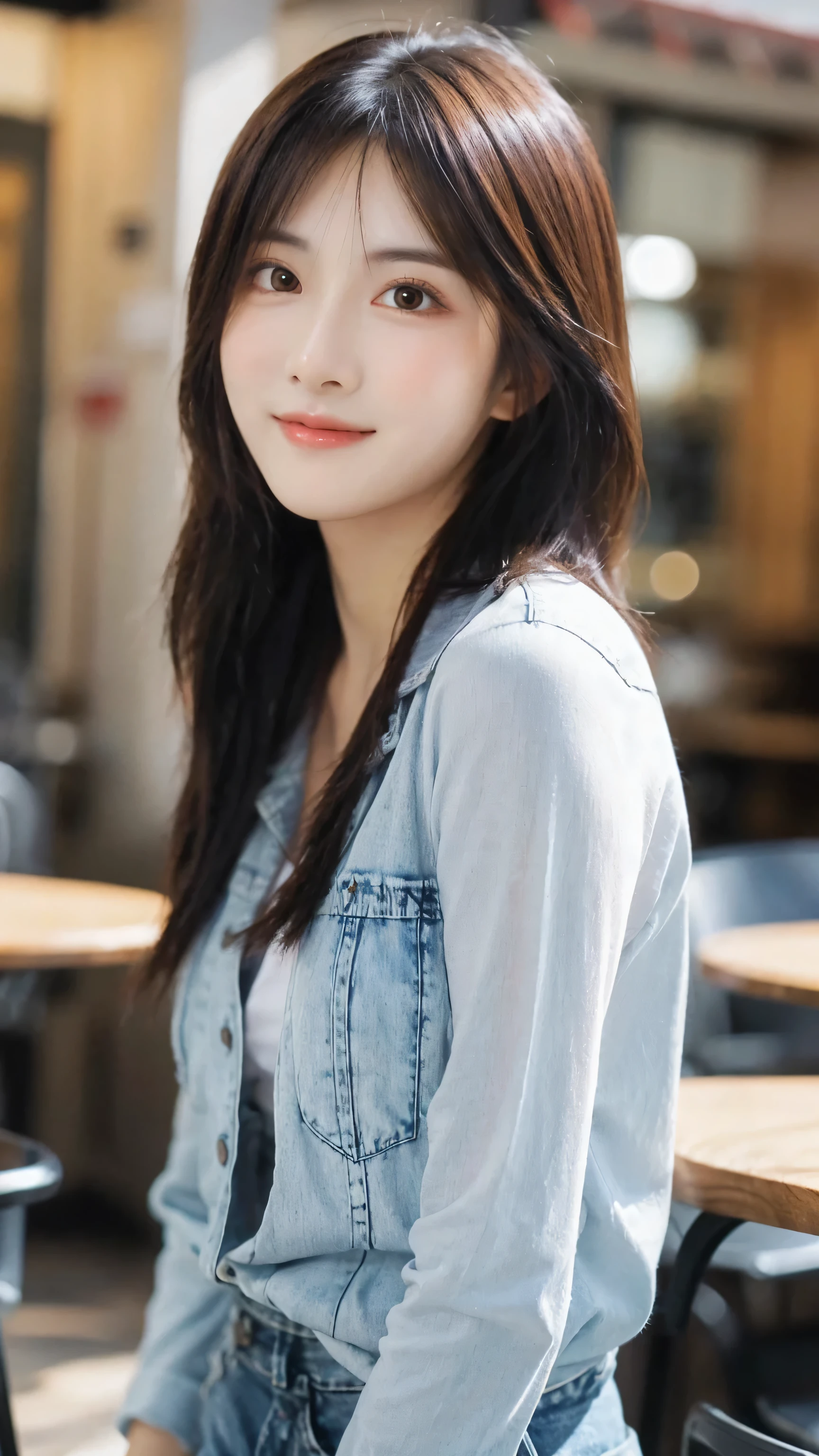 (8k, RAW Photo, Best Quality, Masterpiece:1.2), table top, Ultra Detail, Super Resolution, (Realistic, Realistic Photo:1.37), Portrait, High Detail RAW Color Photo, Professional Photo, Extremely Detailed and Beautiful, Extremely detailed, 8k wallpaper, amazing and detailed, huge file size, official art, highly detailed CG unity 8k wallpaper, highly detailed beautiful girl, highly detailed face, highly detailed eyes, highly detailed skin, highly detailed fingers, highly detailed nose, very detailed detailed mouth , perfect anatomy, highly detailed background, highly detailed clothes, 1girl, 1 girl, cute girl, realistic body, fair skin, glowing skin , slim body, handsome body, black hair , semilong hair, (blunt bangs:1.2), smile, cute, youthful, cute face, realistic face, delicate eyes, drooping eyes, looking at viewer, facing front, standing posture, Contraposto,  (medium chest), (Perfect Body Proportions), (slender Body Proportions), super sexy pose, (white shirt), (jeans pants), (authentic bar), 
