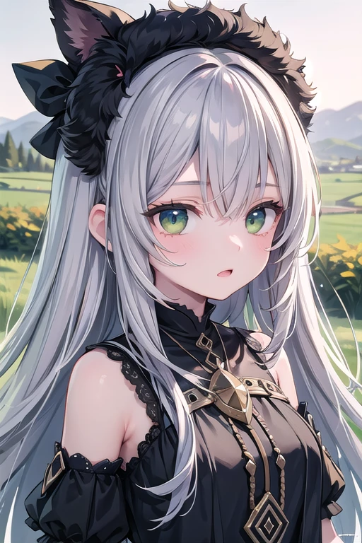 1 girl, green eyes, dark tribal wear, plains, drtailed light, detailed body, detailed eyes, detailed face, best qualify, 4K, 8K, high quality