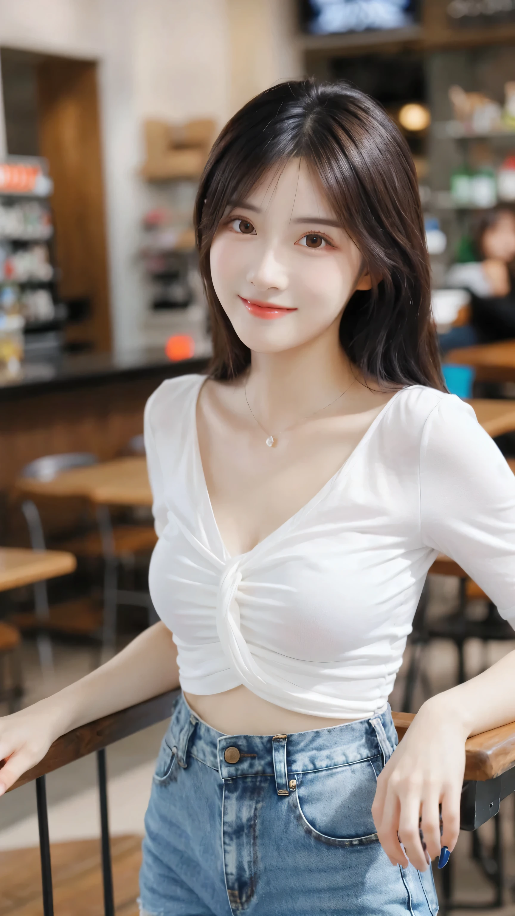 (8k, RAW Photo, Best Quality, Masterpiece:1.2), table top, Ultra Detail, Super Resolution, (Realistic, Realistic Photo:1.37), Portrait, High Detail RAW Color Photo, Professional Photo, Extremely Detailed and Beautiful, Extremely detailed, 8k wallpaper, amazing and detailed, huge file size, official art, highly detailed CG unity 8k wallpaper, highly detailed beautiful girl, highly detailed face, highly detailed eyes, highly detailed skin, highly detailed fingers, highly detailed nose, very detailed detailed mouth , perfect anatomy, highly detailed background, highly detailed clothes, 1girl, 1 girl, cute girl, realistic body, fair skin, glowing skin , slim body, handsome body, black hair , semilong hair, (blunt bangs:1.2), smile, cute, youthful, cute face, realistic face, delicate eyes, drooping eyes, looking at viewer, facing front, standing posture, Contraposto, (medium chest), (Perfect Body Proportions), (slender Body Proportions), super sexy pose, (white shirt), (jeans pants), (authentic bar),