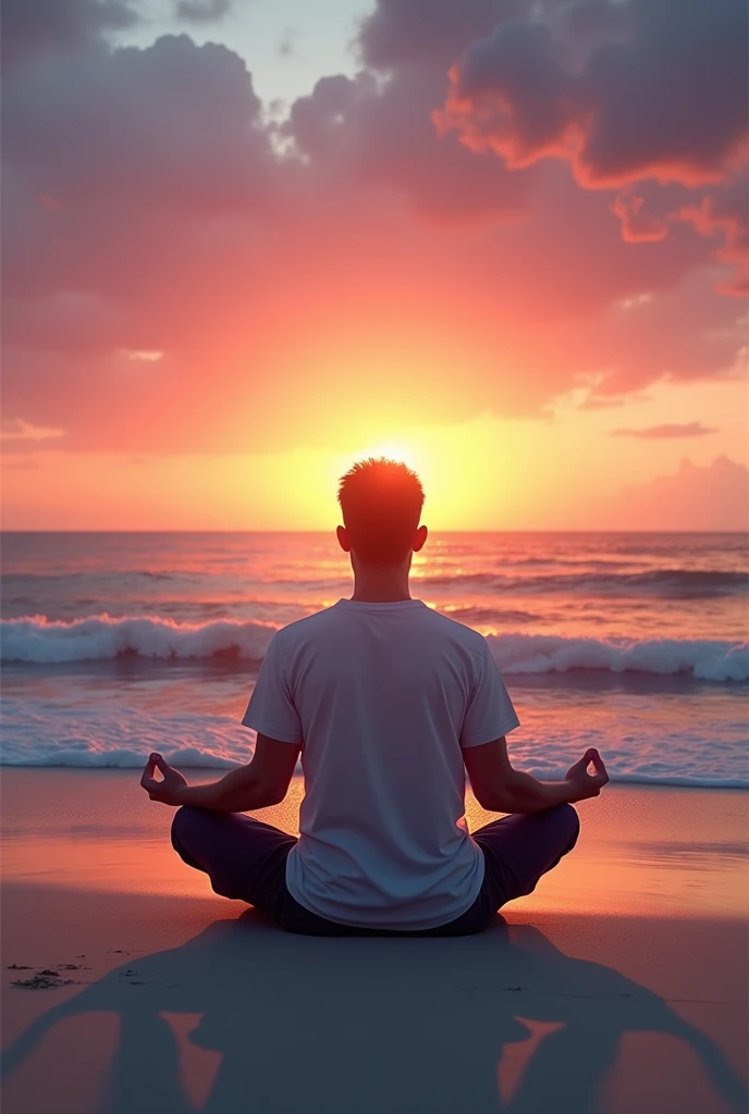 Man sitting on sea beach with sunset and meditate 
