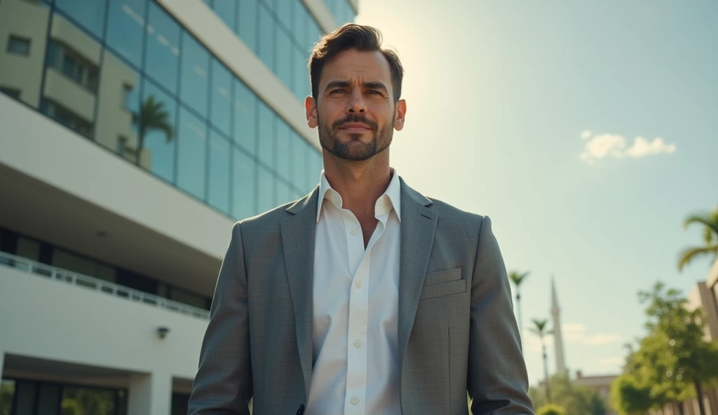 The final scene shows the boy, now grown up and successful, wearing clean, professional attire. He stands confidently in front of a modern building, symbolizing his achievement. His expression is one of pride and fulfillment, reflecting the journey from a poor milk-seller to a successful individual