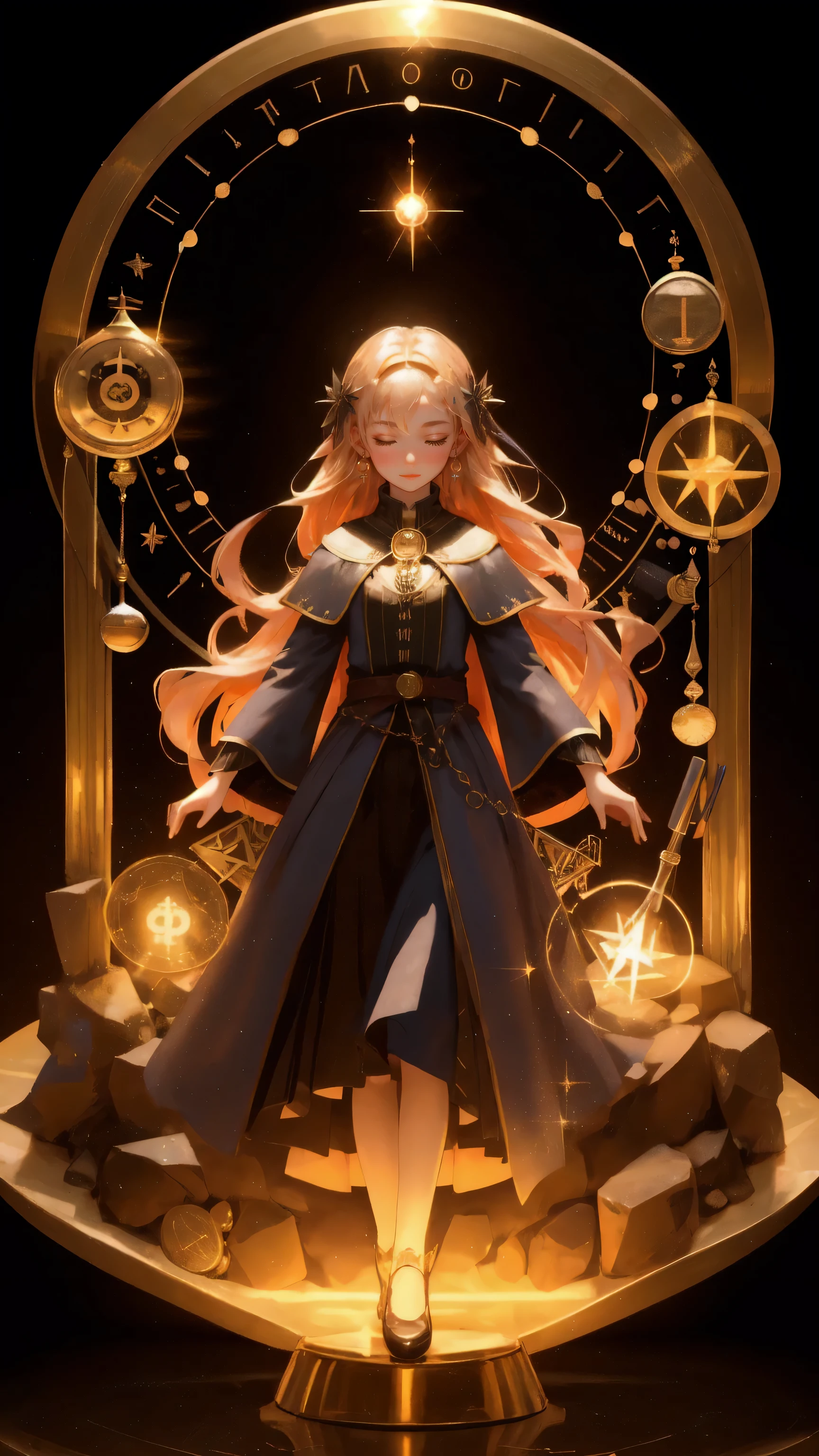 A beautiful young female alchemist performing a magical ritual with floating altcoins like Bitcoin and Ethereum. The scene is filled with mystical energy, surrounded by alchemical tools and symbols, all illuminated by a warm glow. The background should be a deep, rich brown, enhancing the mysterious atmosphere of 'Altcoin Alchemy.