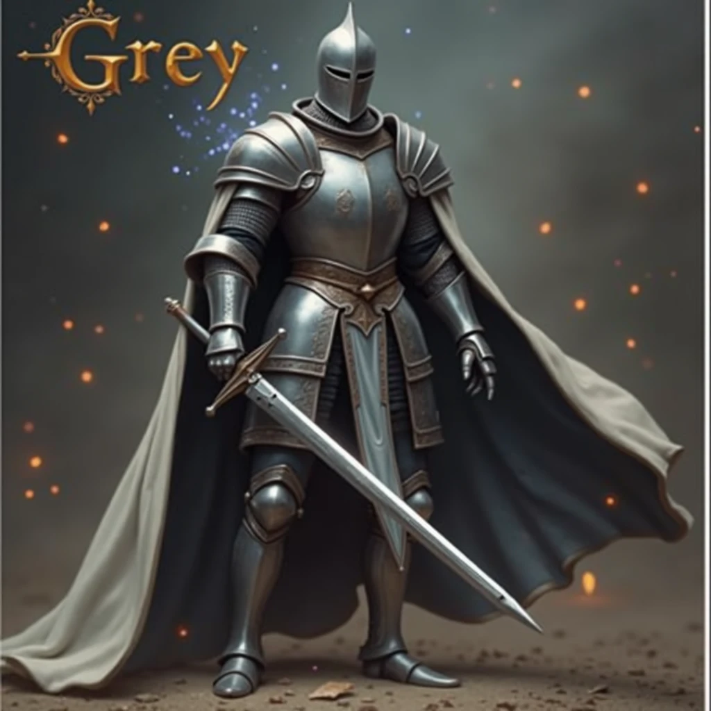 A realistic photograph of a male Templar horseman of English descent, wearing elaborate, shining silver armor and an intimidating helmet. He grips a sword with determination, as vibrant blue glows flicker around him, enhancing his fierce pose. The name "Grey" is displayed prominently in gothic letters behind him, illuminated by the blue glows.