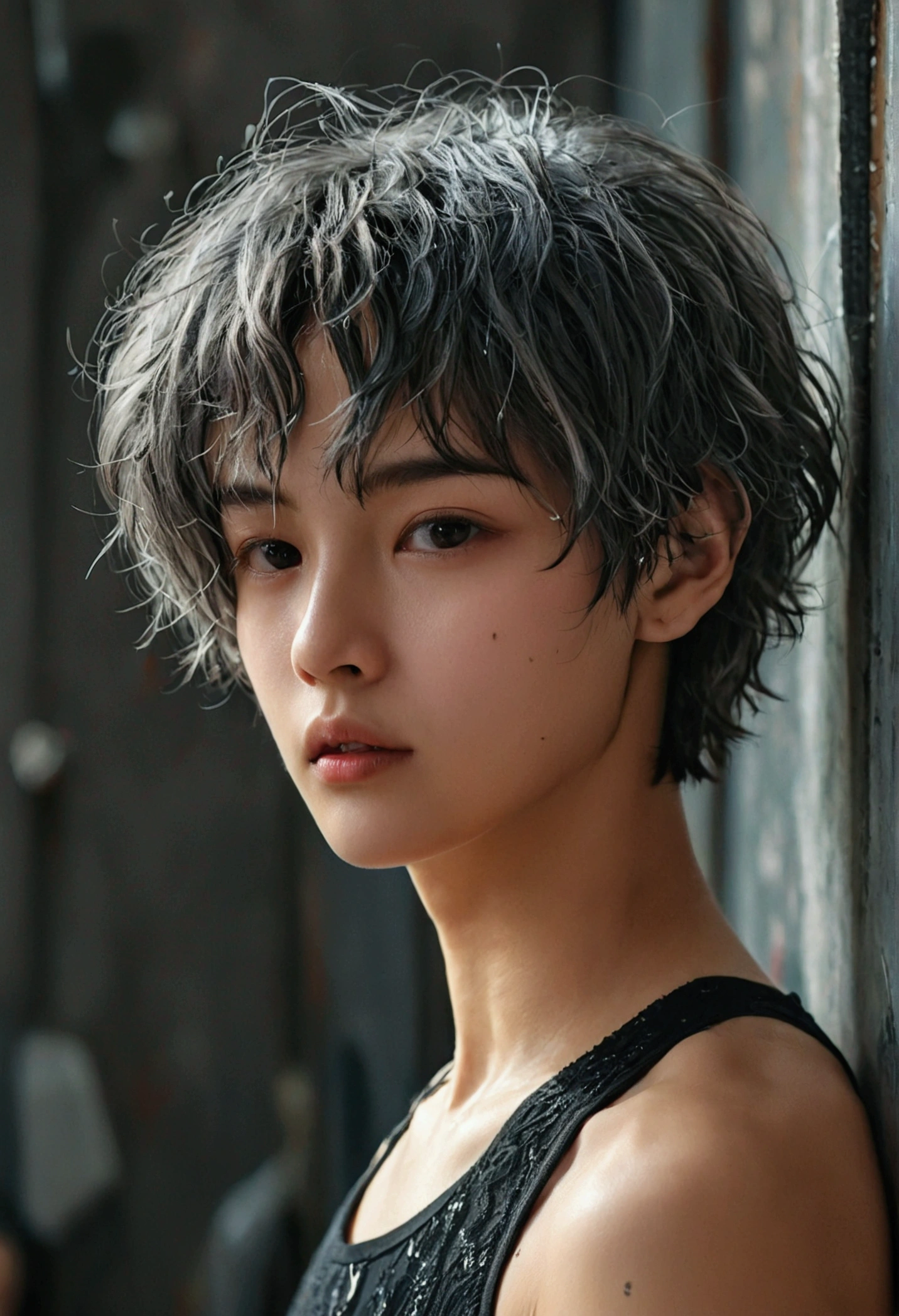 Wearing a black bodysuit、A boy with short, unkempt bob hair、Gray Hair