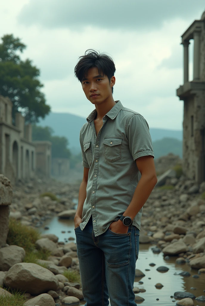 (photorealism:1.2), A Thai man short black hair, shirt, jeans, cloud, day, sky, outdoors, post-apocalypse, ruins, landscape, tree, water,