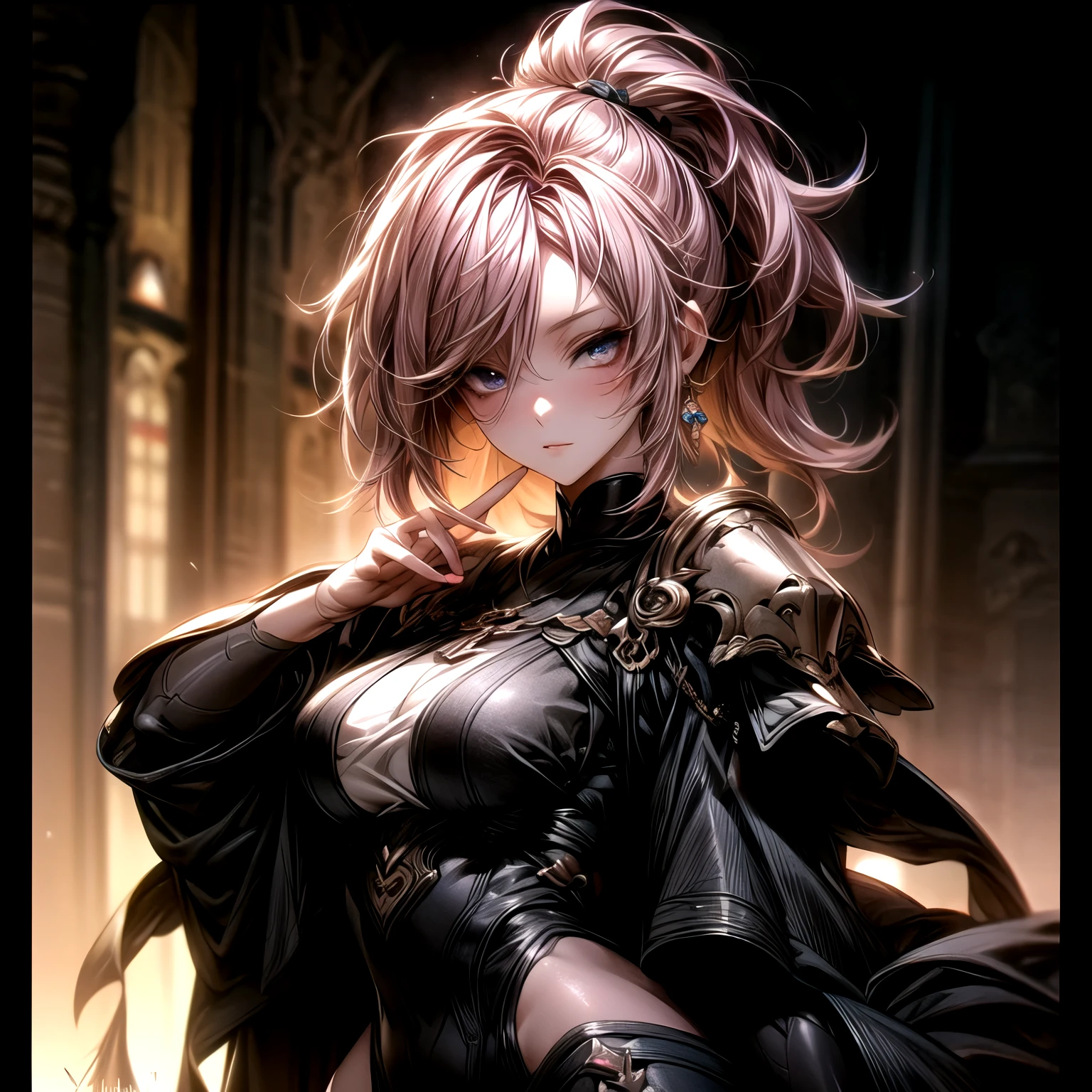 (best quality)), ((Masterpiece)), (details:1.4), 3d, HDR (high dynamic range), an image of a beautiful cyberpunk female, Hips up, Fantasy, medieval, pink hair, High ponytail, beautiful White eyes, จมูกโด่ง, ปากแดง, หน้าอกใหญ่, nvidia RTX, PBR surface, After processing, Anisotropic filtration,depth of field, Maximum clarity and clarity, multi-layered surface, Subsurface scattering, perfect proportions, 8K raw files, ultra detailed, Perfect proportions, volumetric lighting, soft lighting, Holy Paladin, Heavy Red Armor, glossy skin, Castle background, jewely, ต่างหู, นิ้วมือสมบูรณ์,