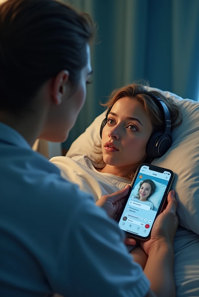 An" cerebral palsy "person lying in a bed wearing a headphone speaking ,a mobile app capturing this and another person receiving this speech through text or audio from his mobile 