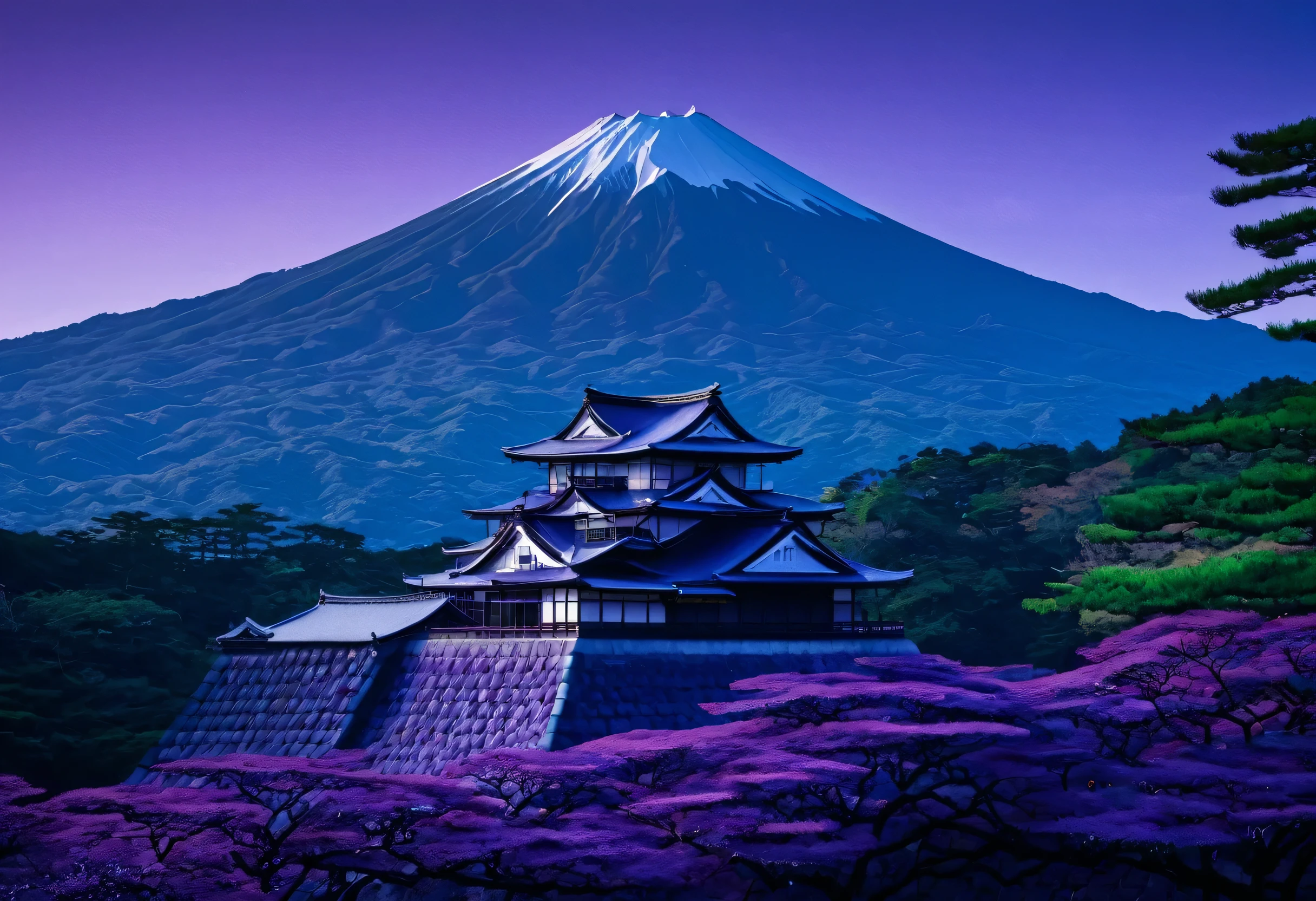 This landscape features a beautiful castle from Japan's Sengoku period, entirely cloaked in shades of purple. The castle's walls and roof tiles are enveloped in deep violet, harmonizing perfectly with the twilight sky. This fortress, as if from a legend, casts an enchanting atmosphere over the tranquil mountains, drawing viewers into another world. Completing this puzzle allows you to experience the beauty and mystique of purple in the context of Japan's Sengoku era.