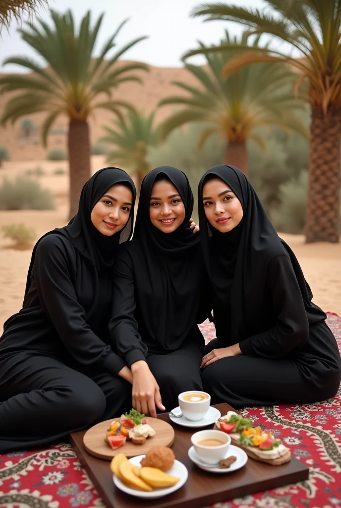(Close-up of a better masterpiece:1.5)0.9], professional portrait, four asian women wearing black hijab, sitting on a mat made of carpet, lots of food and coffee visible, taking a selfie together, desert background, date palms, afternoon, seen from above the camera, dynamic pose