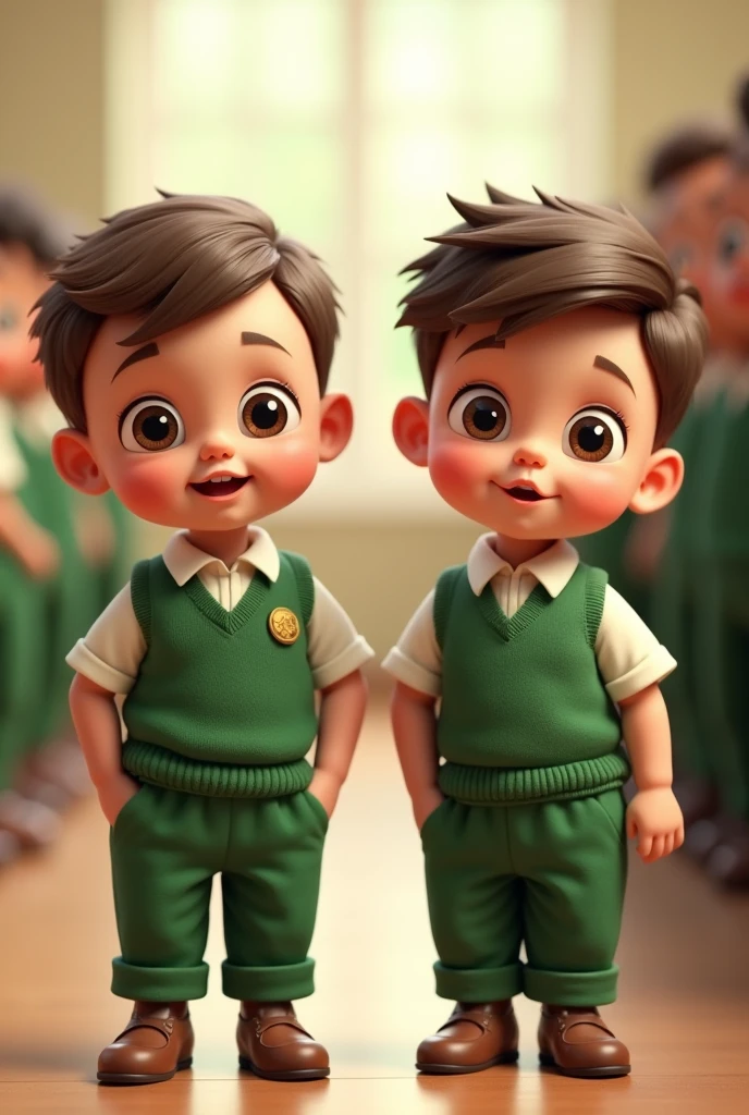 Two baby boys wearing green vest and trouser in school on lineup
