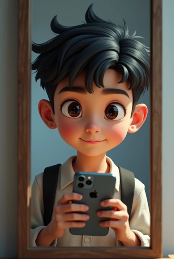 A boy of 14 year holding an iphone infront of mirror