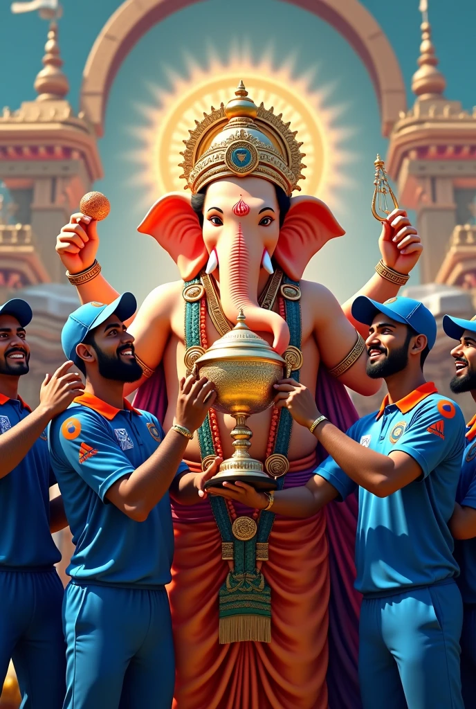 Generate an ai image of T20 world cup win India and Ganesh decoration with Indian cricket team and T20 trophy