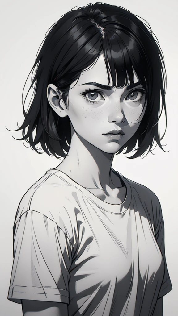 1 boyish girl, solo, sharp eyes, expressionless, monochrome, greyscale, short black hair, portrait, white T-shirt, closed mouth, looking at viewer, graphite \(medium\), detailed lips, hatching \(texture\), without makeup, bangs, upper body, (best illustration), (best quality), (very detailed), (masterpiece), expressionless,
