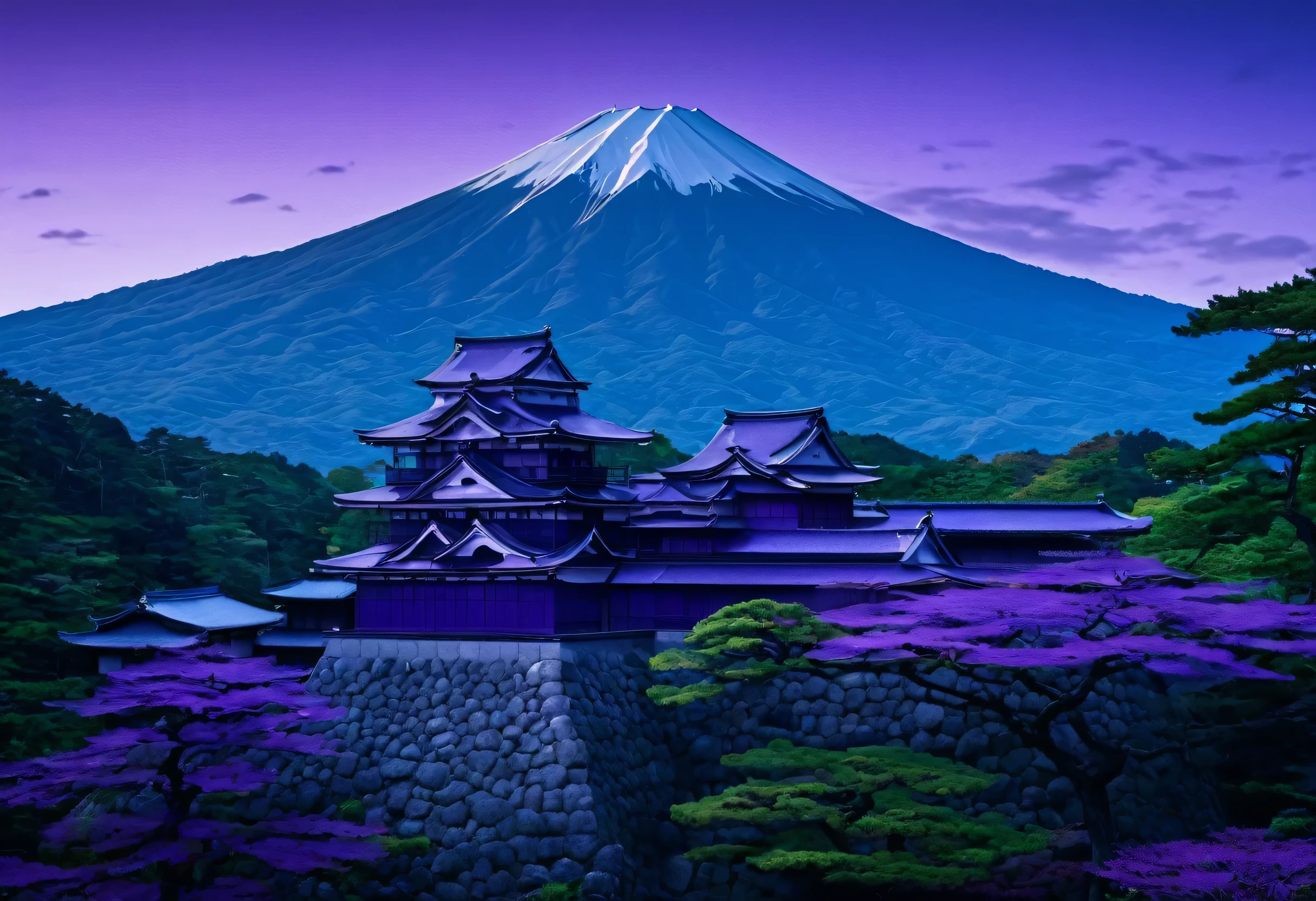 This landscape features a beautiful castle from Japan's Sengoku period, entirely cloaked in shades of purple. The castle's walls and roof tiles are enveloped in deep violet, harmonizing perfectly with the twilight sky. This fortress, as if from a legend, casts an enchanting atmosphere over the tranquil mountains, drawing viewers into another world. Completing this puzzle allows you to experience the beauty and mystique of purple in the context of Japan's Sengoku era.