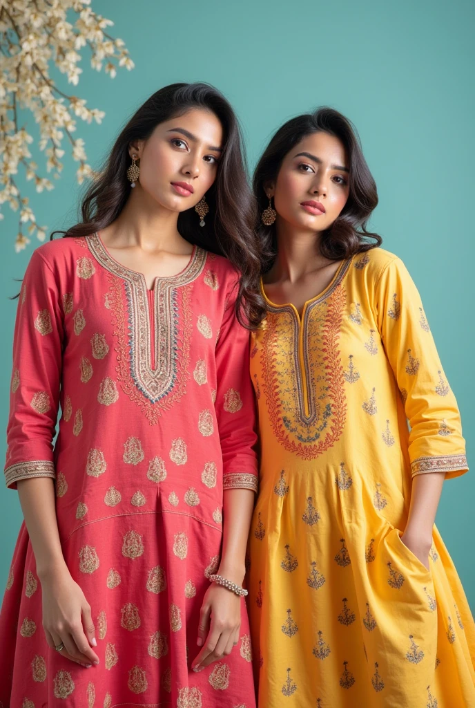 Design a promotional graphic for a sale offering 'Buy 2 Kurtis, Get 1 Free.' The graphic should feature elegant, colorful kurtis displayed attractively. Include bold, eye-catching text with the offer details and any relevant terms and conditions. Ensure the design is stylish and appealing to attract customers.