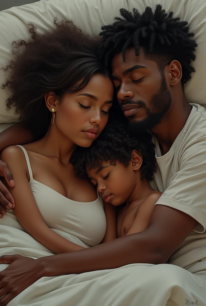 Churco-haired boy, 1 dark skinned man sleeping with dark skinned girl, with slightly straight hair, 1