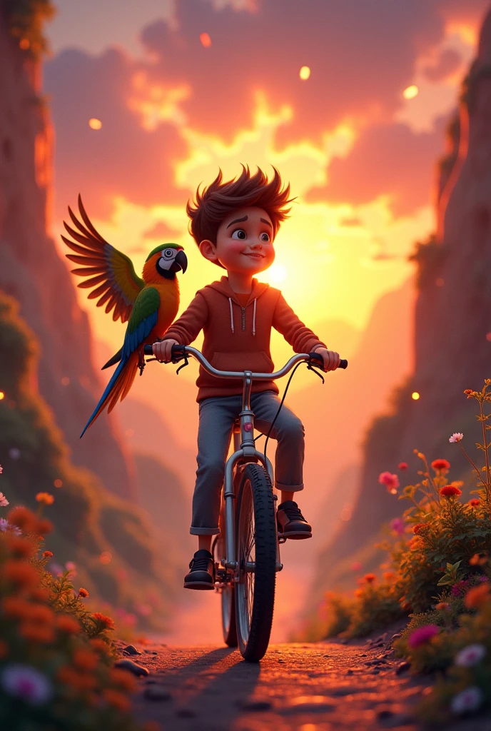 A boy on a cycle in hand parrot And time lights sunset