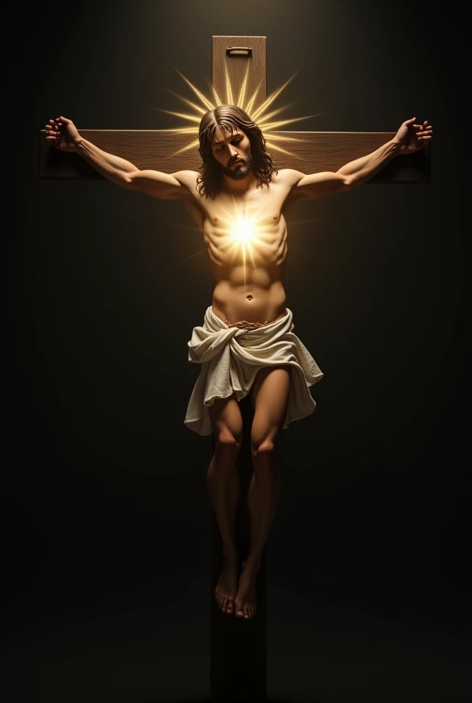 Jesus on the cross,from his heart bright white light emanates,