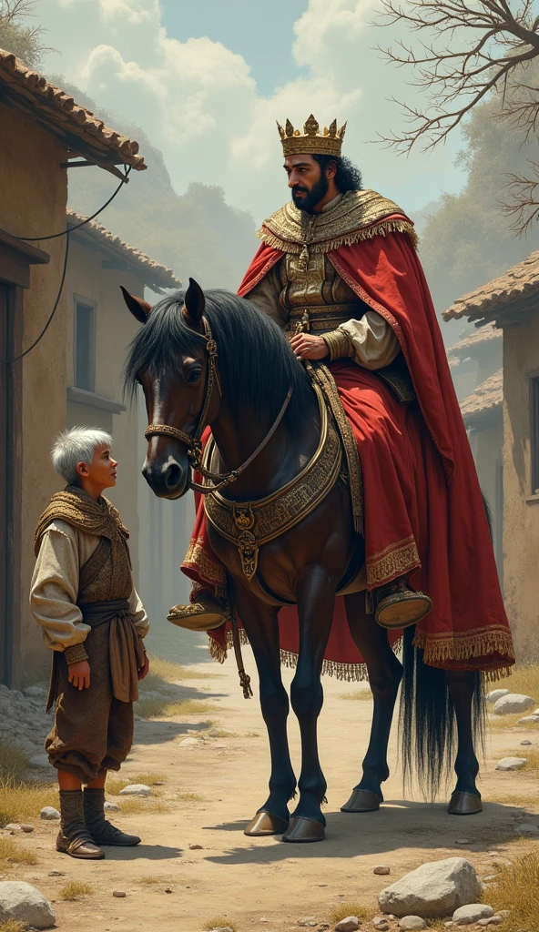 One day one king come on his horse to visit the village and he saw older poor boy wearing rags clothes he behave kind with his