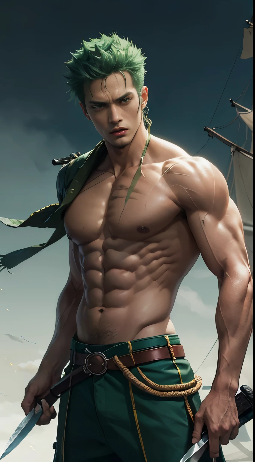 (masterpiece, better quality: 1.2), cowboy shooting, alone, Male focus, First grader, Roronoa zoro, scar, muscular man, To smile, looking at the viewer, (Second knife flow: 1.2) knife, arm in arm, kimono, green kimono (((master part+highest quality+High resolution+super detailed))), Zoro\(one piece\), high nose, clear eyes, perfect eyes, noble and inviolable temperament, (([masculine]: 1.2 + [May]: 1.2 + green hair: 1.2)), pirate ship background, (one piece), Roronoa zoro, green hair cut, cowboy shooting, scar in the eye, muscular male, (Second knife flow:1.2), knife, arm in arm, kimono, green kimono, Dynamic angles and postures.
name: Roronoa zoro Idade: 2 height: 1,Weight 81m: 78kg Place of origin: east blue, Physical Description: Zoro is a skilled swordsman with a distinctive appearance. He has unkempt green hair and three scars over his left eye., This is the result of your rigorous training.. His athletic ability and toned muscles、reflects his strength and physical ability。. He usually、He is seen wearing an open shirt and green pants, Not only does he carry three swords on his back,、. Personality: Zoro is known for his serious and determined nature. Highly loyal to friends、I&#39;m willing to risk my life to protect my friends.。. His constant quest to become the strongest swordsman in the world、Often leads to intense training and challenging powerful opponents。. Despite its intimidating appearance, Zoro has a dry sense of humor and often engages in funny moments with his teammates.
