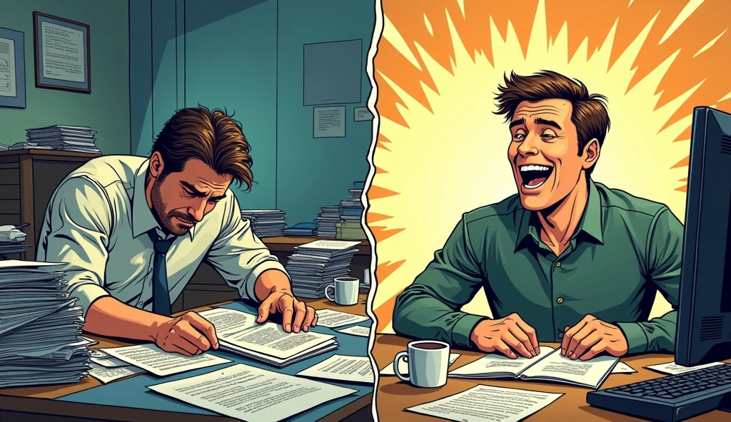 (Comic Book) Split the image into two parts, on the left a desk cluttered with forms and paper overflowing everywhere, avec un homme fatigué qui est avachi sur son bureau. à droite un espace de travail dégagé, which shines, avec un homme qui est joyeux