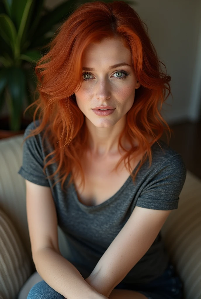 ultra realistic, photography, red hair, woman, milf, 50 years old, hourglass figure, fit body, Flirty look, extremely detailed artgerm, in the style artgerm, facing the camera, lens 35 mm, blur background, masterpiece, best quality, extremely detailed:1.2, hyperrealistic, photorealistic, sitting on a couch, relaxing, perfect hands, t-shirt, ultra detailed face, pale skin,