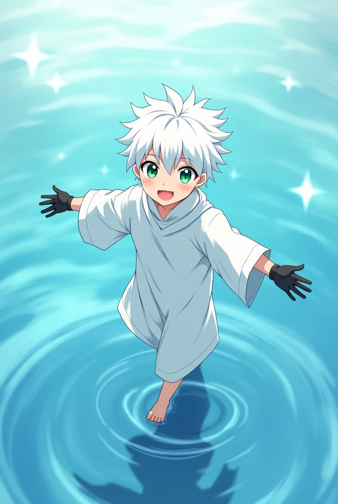 Generates an anime-style image of a 1 boy with: by white, green eyes, 8-pointed star-shaped white pupils, have a big smile, with completely white hair, with white eyelashes,  White clothes, and black gloves, que tenga green eyes, do it by walking on water, on a surface of only water looking coldly 