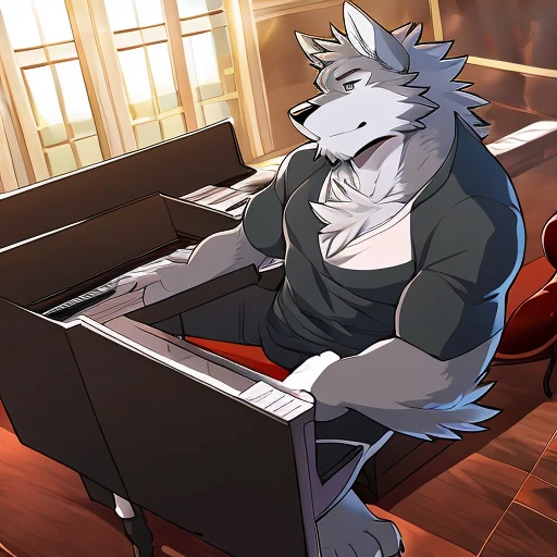Playing the piano,Wolf,author:Takemoto Arashi,Anime Style,Side angle,Sitting in a chair,Grand piano,Grey fur,Far Angle,Black T-shirt,Dark blue jeans