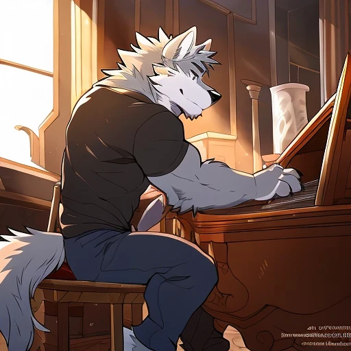 Playing the piano,Wolf,author:Takemoto Arashi,Anime Style,Side angle,Sitting in a chair,Grand piano,Grey fur,Far Angle,Black T-shirt,Dark blue jeans