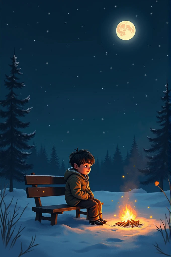 A little sad boy sit on banch in dark night with bright stars and moon with winter infront of boy fire for heat