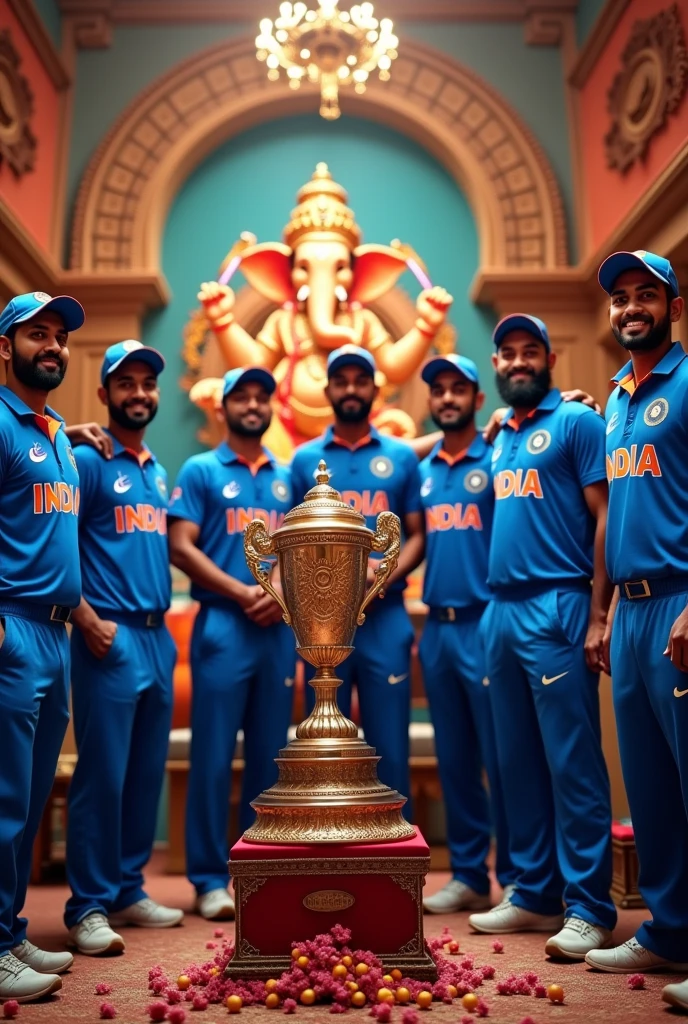 Generate an ai image of T20 world cup win India and Ganesh decoration with Indian cricket team and T20 trophy for home decoration idol 