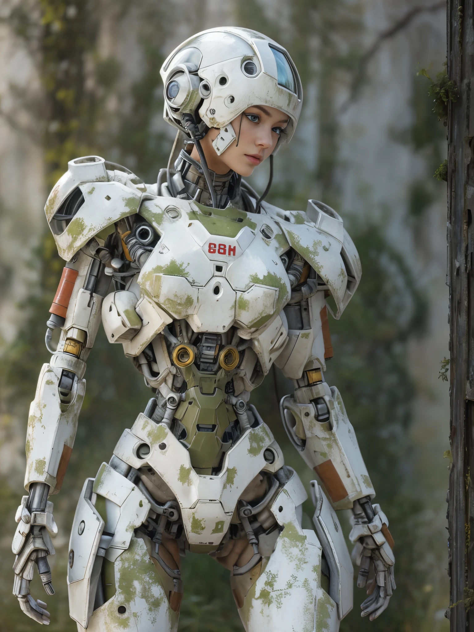 ((masterpiece, highest quality, Highest image quality, High resolution, photorealistic, Raw photo, 8K)), Abandoned robot soldier on battlefield, broken and immobile, rust and moss showing passage of time, female cyborg body, Blonde, female body, biomechanical , extra detailed body, blowjob white mech, white biomechanical details, detailed body, shiny white armor, cybernetic body, eva unit-00 on back, full body details,