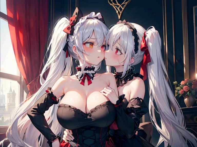 ((2girl,yuri),gazed at each other,(kiss)),Very detailed,High resolution,4K,8k,masterpiece,High resolution,((Anatomically correct number of limbs),(Anatomically correct number of fingers)), ((silver hair, twintails,straight hair), (gothic lolita,),(heterochromia), hairband,  red ribbon,black choker, bare shoulders, red dress, red bow, detached sleeves),(shiny),((huge breasts),beautiful breasts,curvy),(Gothic-style mansion)