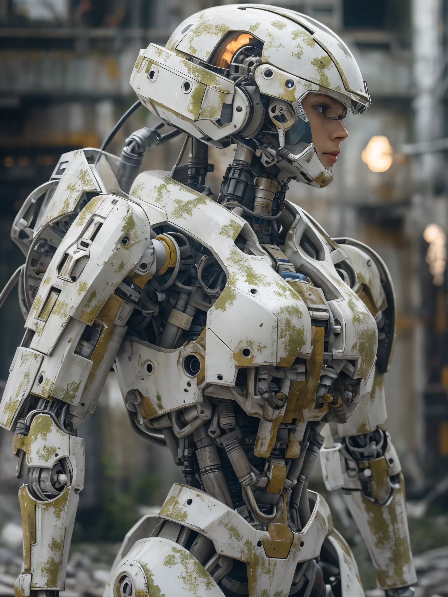 ((masterpiece, highest quality, Highest image quality, High resolution, photorealistic, Raw photo, 8K)), Abandoned robot soldier on battlefield, broken and immobile, rust and moss showing passage of time, female cyborg body, Blonde, female body, biomechanical , extra detailed body, blowjob white mech, white biomechanical details, detailed body, shiny white armor, cybernetic body, eva unit-00 on back, full body details,