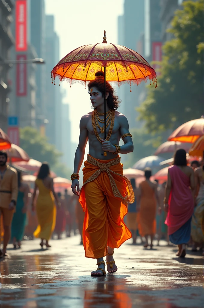 "shree krishna ji, the revered hindu deity, strollingdown a busting road. he holds a colorful umbrella in his hand, which contrasts with his traditional attire and the lively urban backdrop. the scene blends the divine with the everyday, showcasing shree krishna ji's serene presence amidst the modern world"