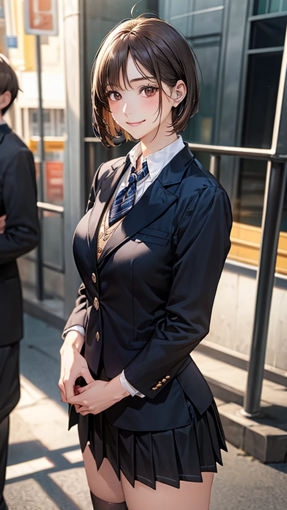 (masterpiece:1.2, Highest quality), (Realistic, photoRealistic:1.4), Beautiful illustrations, (Natural Side Lighting, Cinema Lighting),
View your viewers, Cowboy Shot, Front view, 1 person, Japanese, high school girl, Perfect Face, Cute and symmetrical face, Glowing Skin,
(short hair:1.2, Bobcut:1.2, Brown Hair), Swept-apart bangs, Dark brown eyes, Long eyelashes, (Large Breasts:0.6, Captivating thighs),
Beautiful Hair, Beautiful Face, Beautiful attention to detail, Beautiful clavicle, Beautiful body, Beautiful breasts, Beautiful thighs, Beautiful feet, Beautiful fingers,
(((Black blazer, Close Blazer), White collared shirt with long sleeves, Black pleated skirt, Black socks)),
(Beautiful views), evening, street, Are standing, (Cute smile, Upward glance),