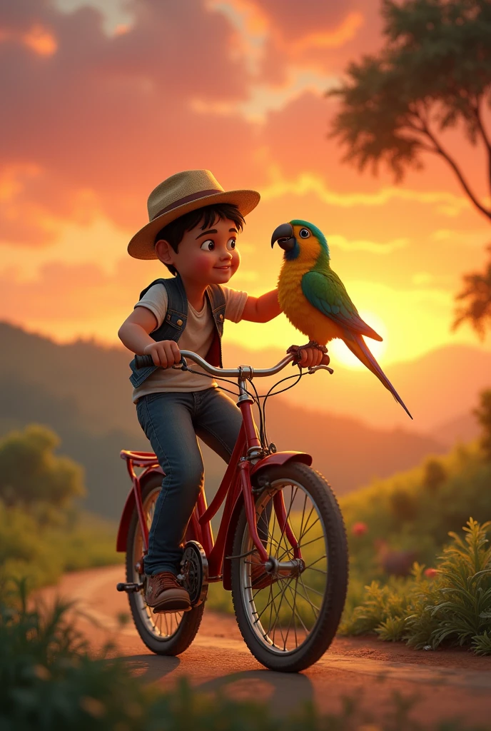 A boy talk a parrot on cycle And time lights sunset