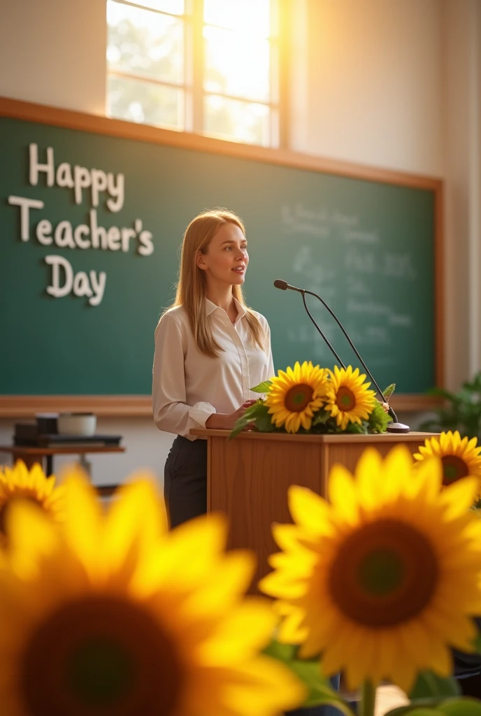 Teacher's Day,In the morning, a teacher was standing in front of the podium and giving a lecture.,There is a bunch of sunflower flowers on the podium,The sun shines on the teacher and the flowers,Light and shadow atmosphere,Some halo in the foreground,The words "Happy Teacher's Day" are written on the blackboard,Fashion magazine style,Bright and fresh colors