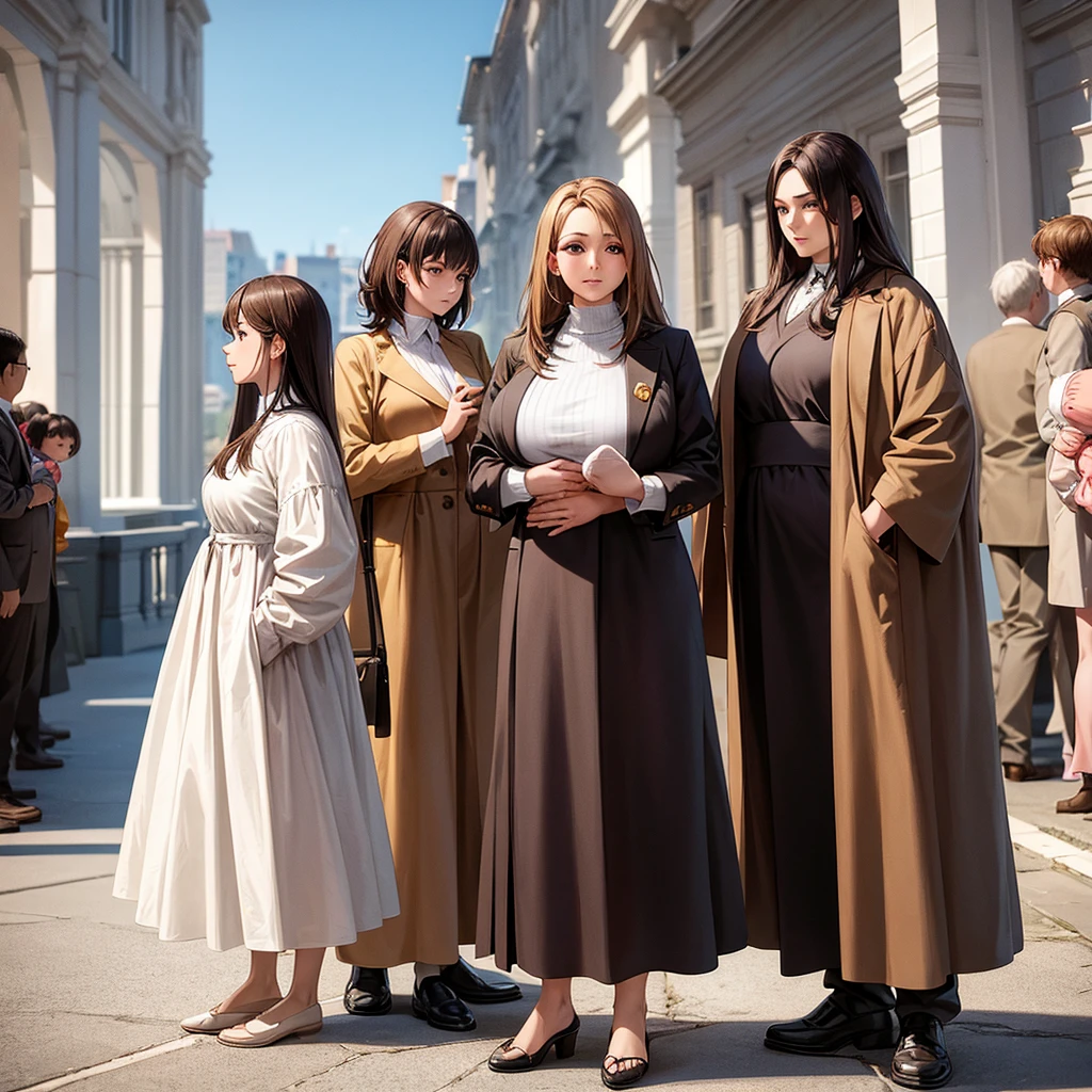 A woman stands in the center, the woman is carrying a 6-month-old baby., On the left side a girl next to the woman and on the right side an 1 girl, all with brown hair.